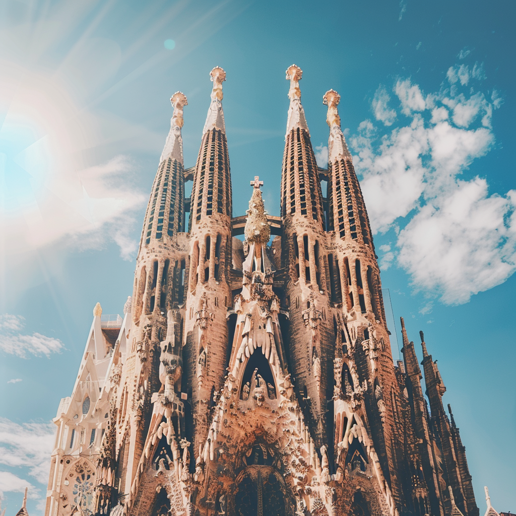 Barcelona's iconic Sagrada Familia against a blue sky, symbolizing the city's allure as a Mediterranean paradise for the digital nomad movement