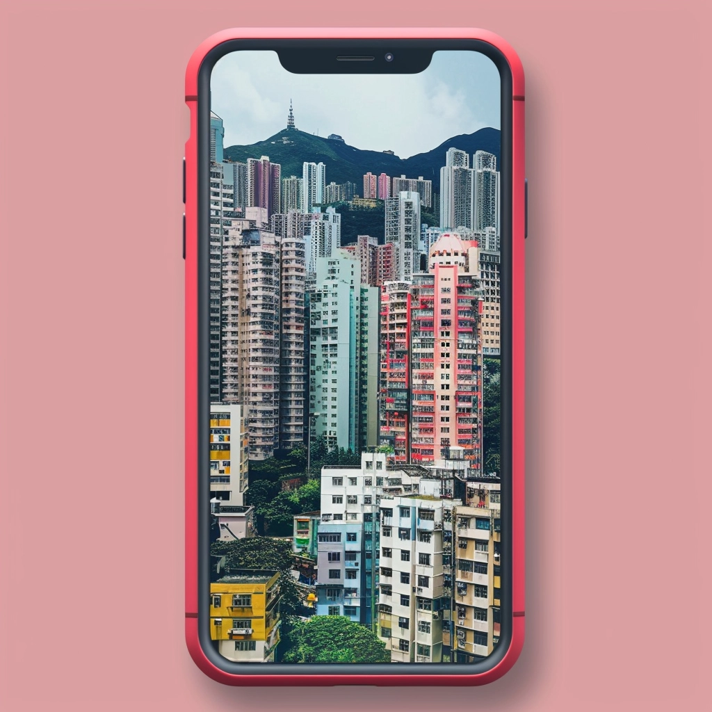 iPhone's XS cellular screen against the skyline of Hong Kong