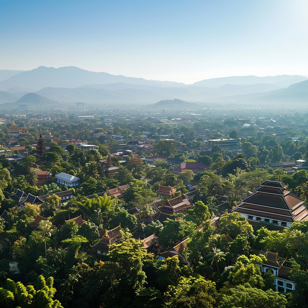 A panoramic view of the historic city of Chiang Mai, Thailand, where ancient temples coexist with modern amenities, creating a perfect setting for most digital nomad