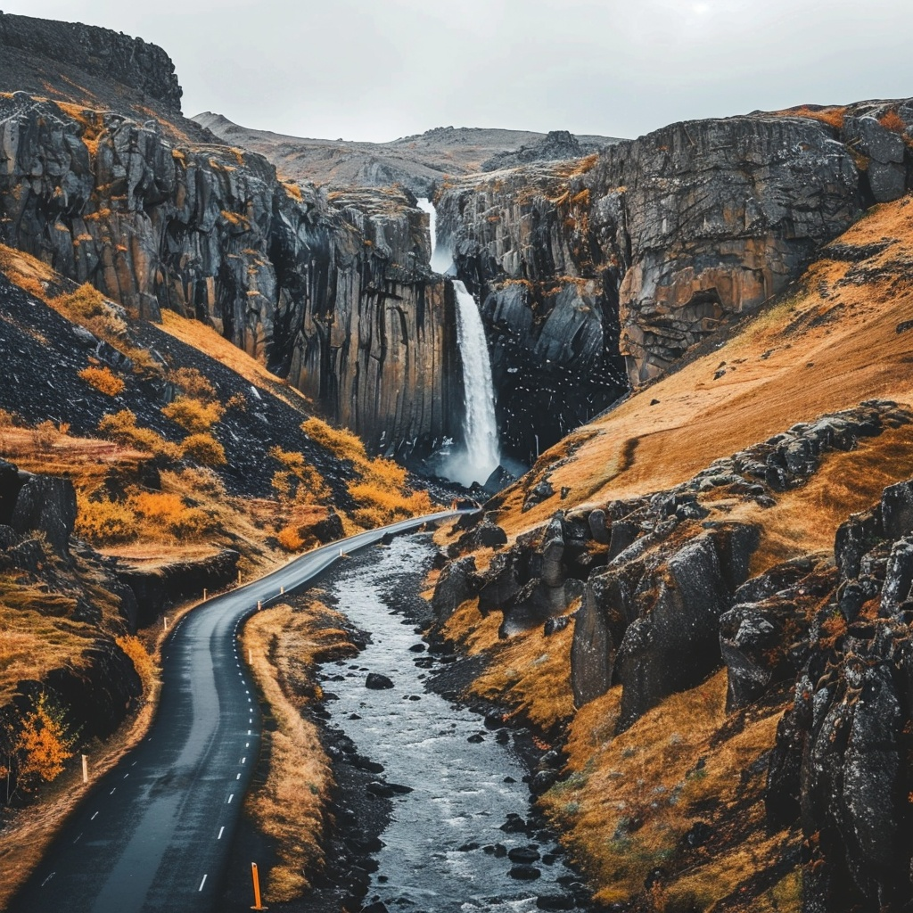 majestic waterfall cascading down rocky cliffs beside the roadside, with a winding road leading towards it, showcasing the awe-inspiring natural wonders encountered on an Iceland road trip