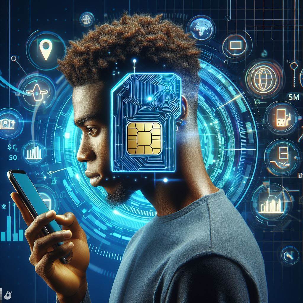 A person holding a smartphone with an eSIM card, surrounded by icons representing features like flexibility, instant activation, and reduced physical clutter