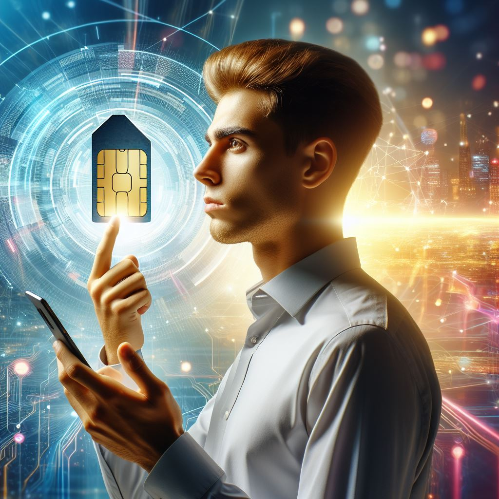 Illustrative graphic depicting a hand holding a smartphone with a traditional physical SIM card transforming into an eSIM symbol