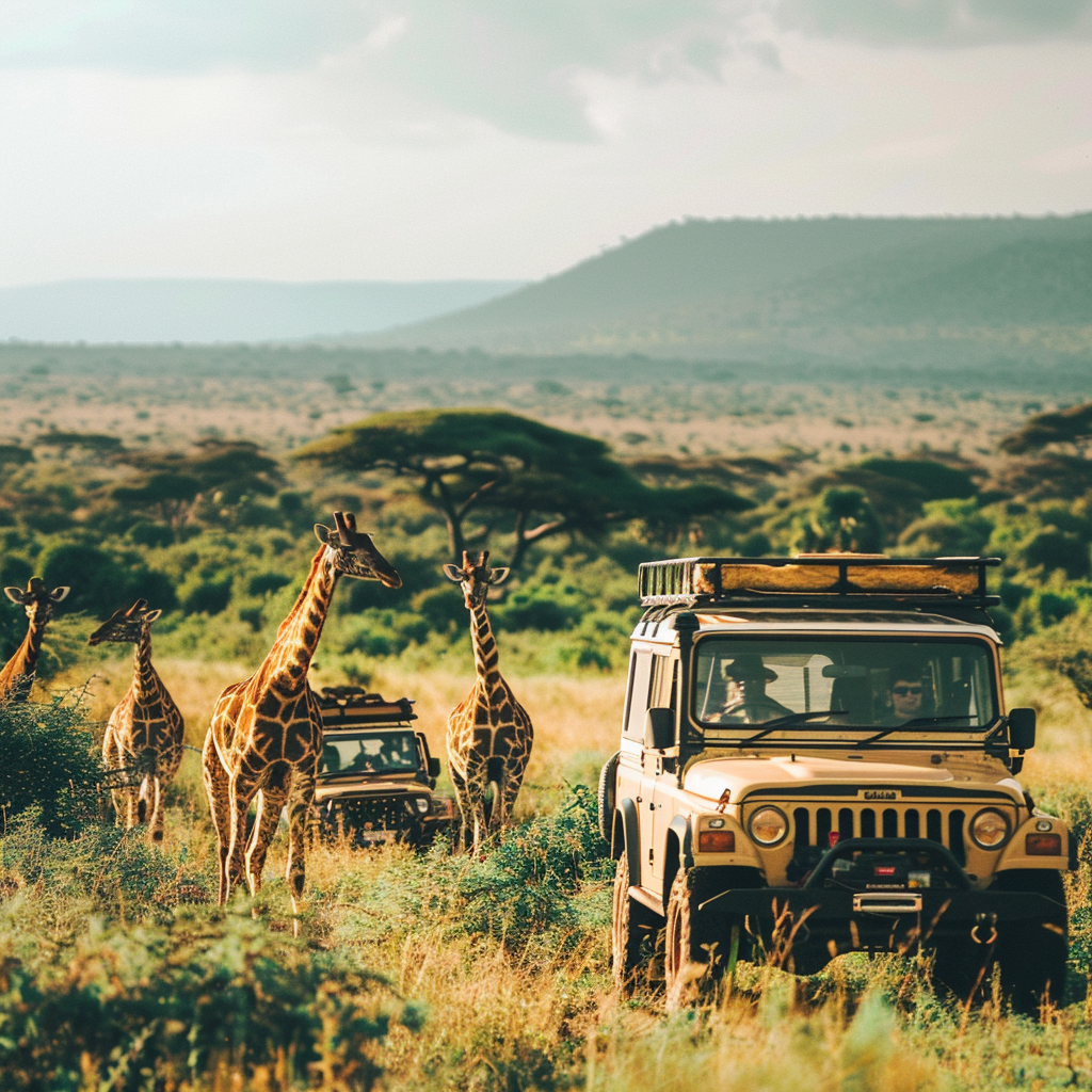 A safari jeep driving through the savanna, with giraffes grazing in the background