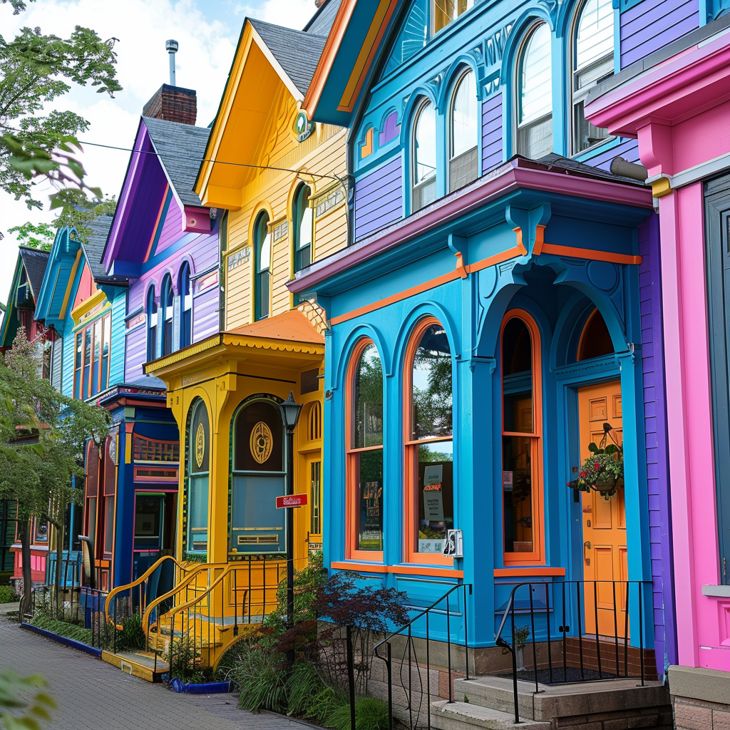 Colorida hilera de edificios históricos a lo largo de Elmwood Avenue en el vibrante barrio de Allentown en Buffalo