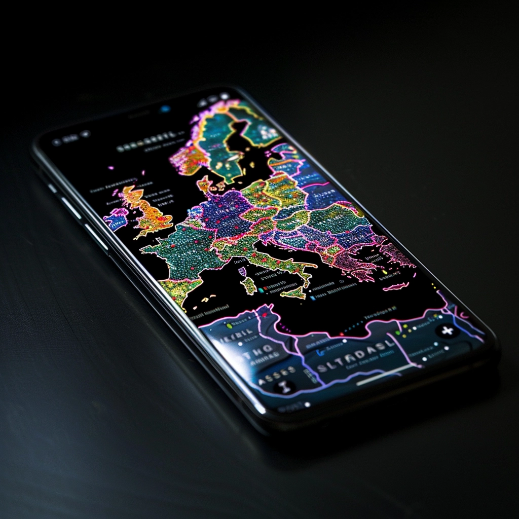 An illustration depicting a smartphone with an eSIM (a local SIM card) activation screen displaying European city names