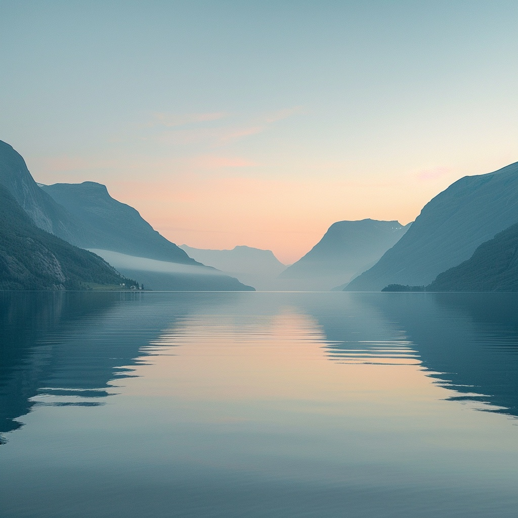 A tranquil fjord bathed in the soft light of the Midnight Sun, with calm waters reflecting the surrounding mountains and the clear, pastel-colored sky