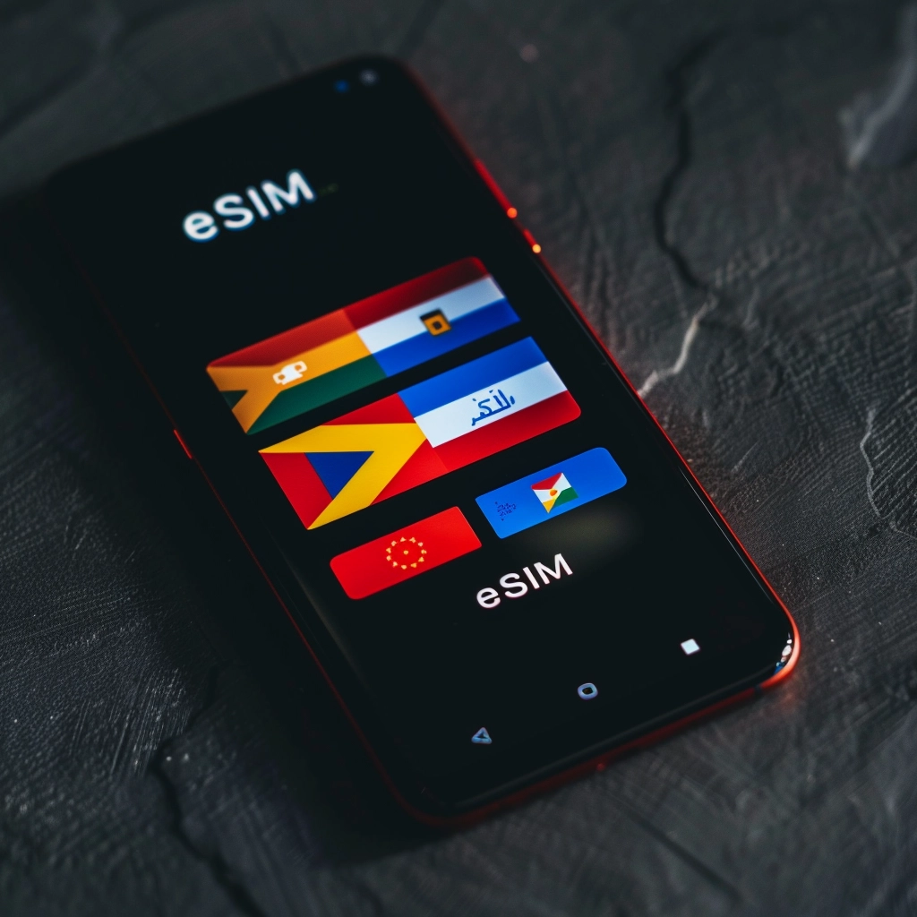 A smartphone displaying eSIM prepaid data plans with African and Middle Eastern flags
