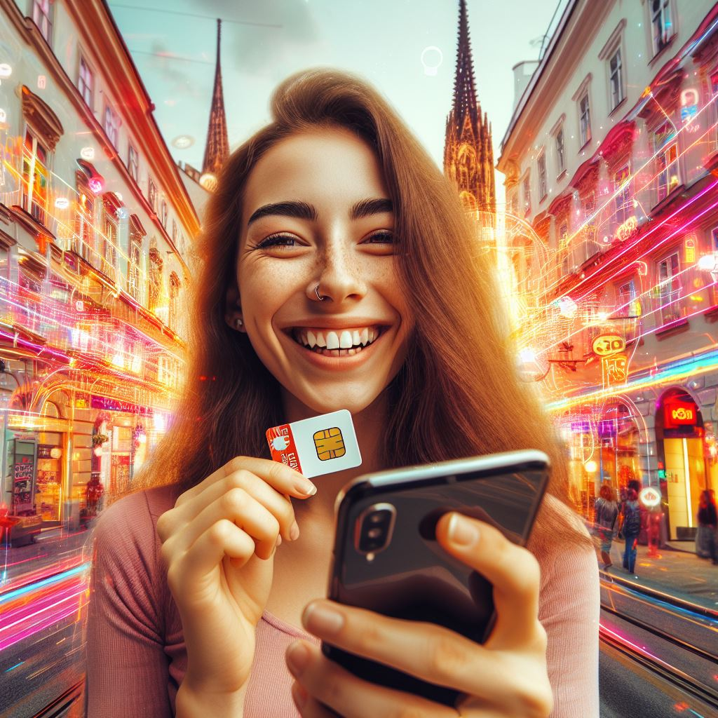 Una persona que utiliza felizmente su teléfono inteligente con una tarjeta SIM de Austria mientras explora el país.