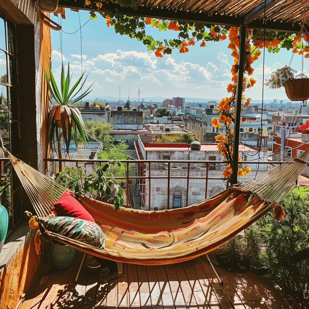 Relaxing in a hammock on a sunny terrace overlooking Mexico City's bustling streets, digital nomads find moments of tranquility amidst the urban hustle, embodying the essence of the digital nomad lifestyle in this vibrant metropolis