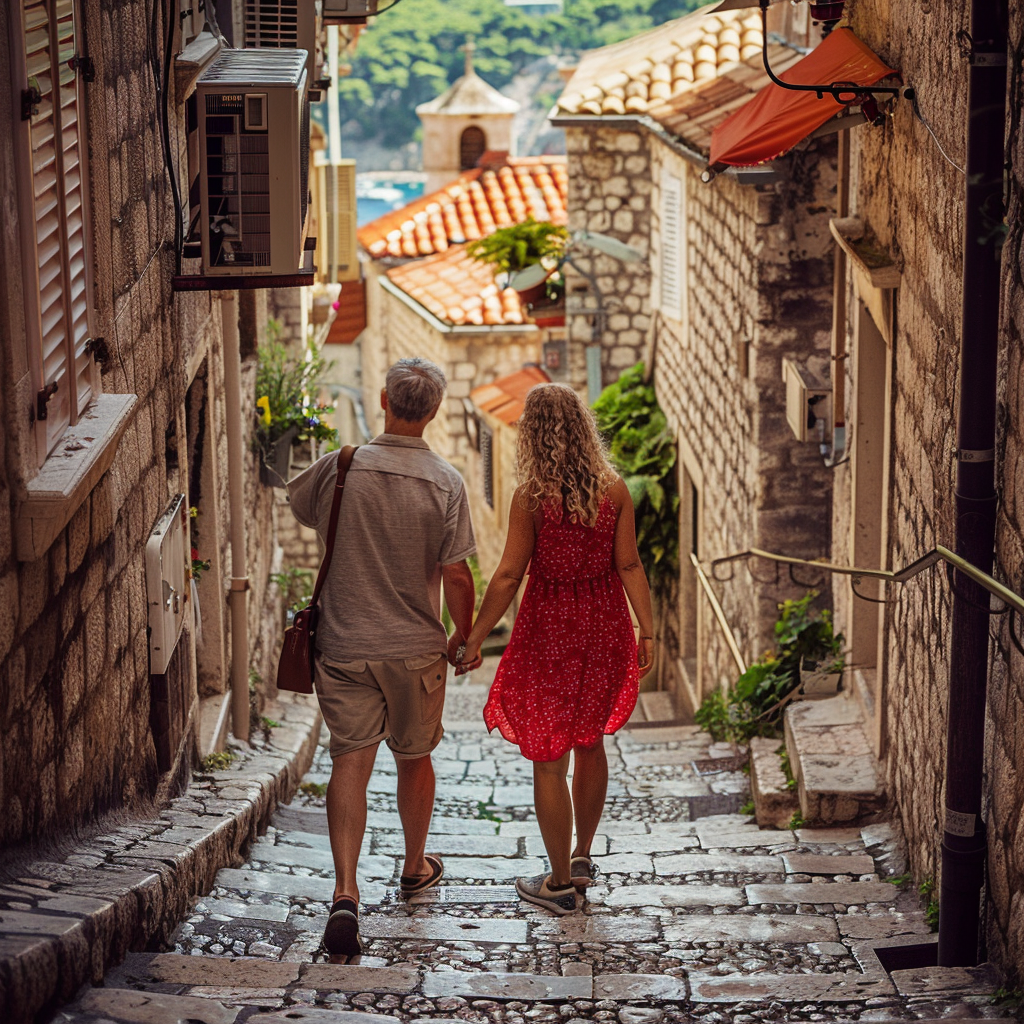 Visitantes caminando por las calles adoquinadas dentro de las antiguas murallas de Dubrovnik.
