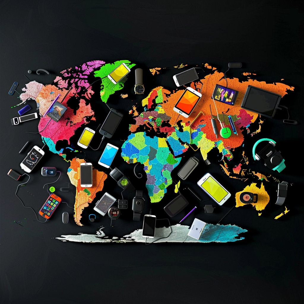 A map of the world with eSIM-compatible devices with regional eSIMs activated scattered across different continents