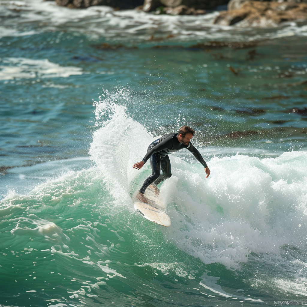 Surfista atrapando olas en una popular playa de la costa de California