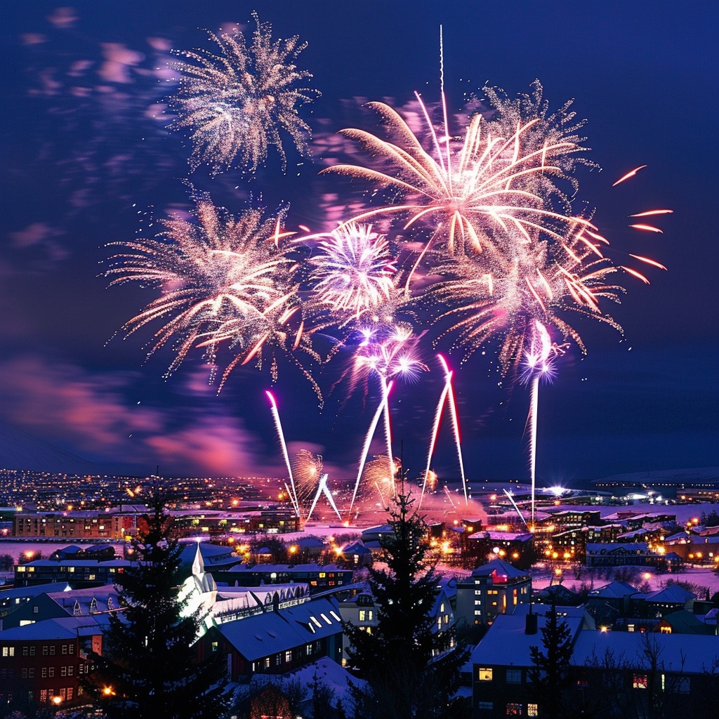 Vibrant fireworks lighting up the night sky above Reykjavik during the Iceland Winter Lights Festival, symbolizing the celebration and joy of embracing winter in Iceland