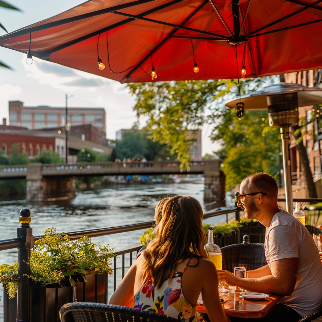 Visitantes que disfrutan de una cena al aire libre en el moderno patio de un restaurante con vistas al Grand River en el centro de Grand Rapids.