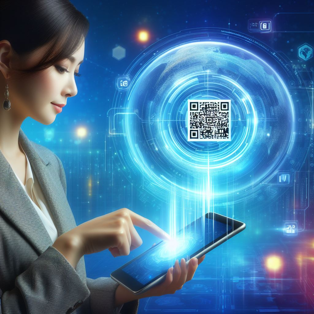 A person holding a smartphone with an eSIM card, scanning a QR code displayed on another device
