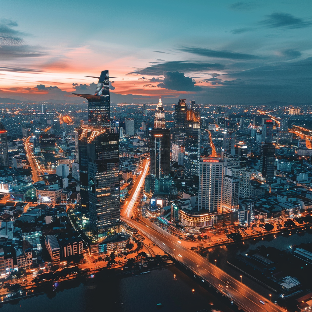 Ho Chi Minh City's skyline at dusk, showcasing why it's one of the digital nomad hotspots in Southeast Asia