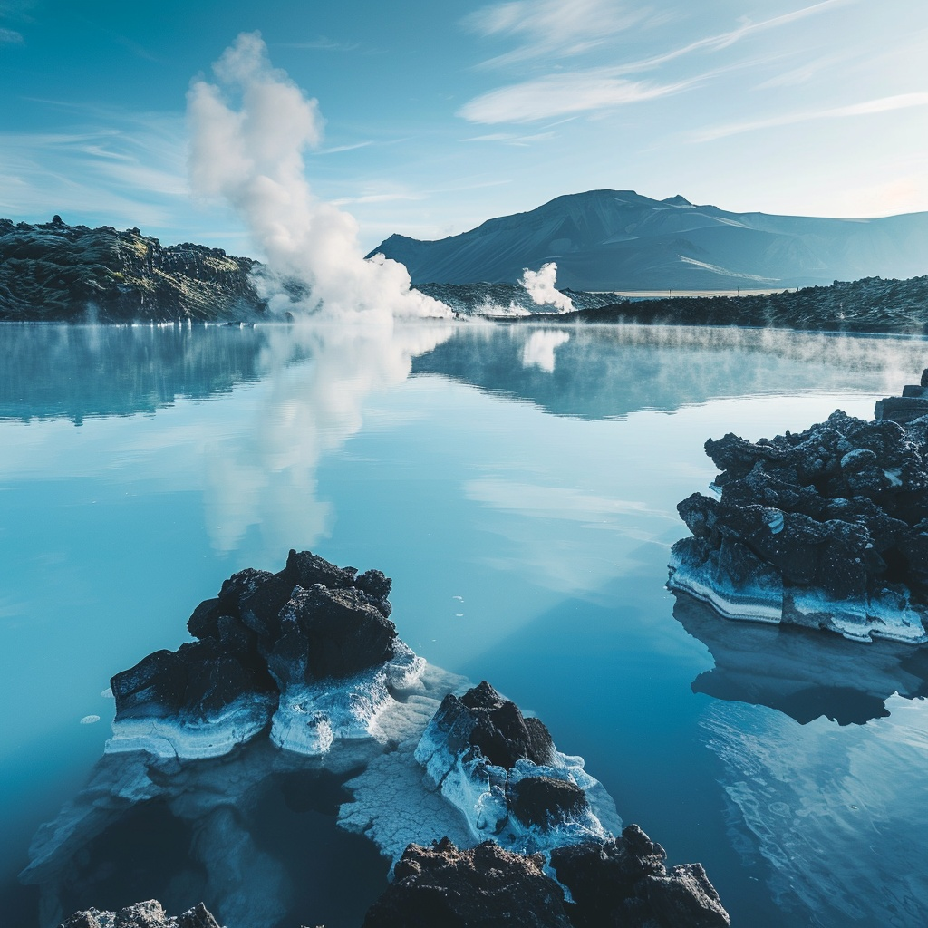 The tranquil turquoise waters of the Blue Lagoon in Iceland, surrounded by rugged lava rocks and steam rising from the geothermal springs, offering a serene oasis for relaxation