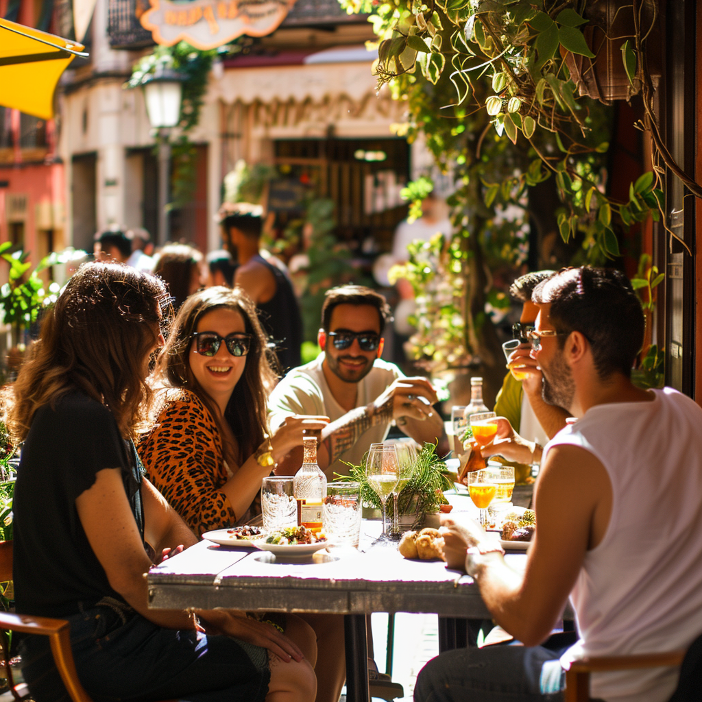 A group of friends enjoying tapas at a lively outdoor cafe in Madrid