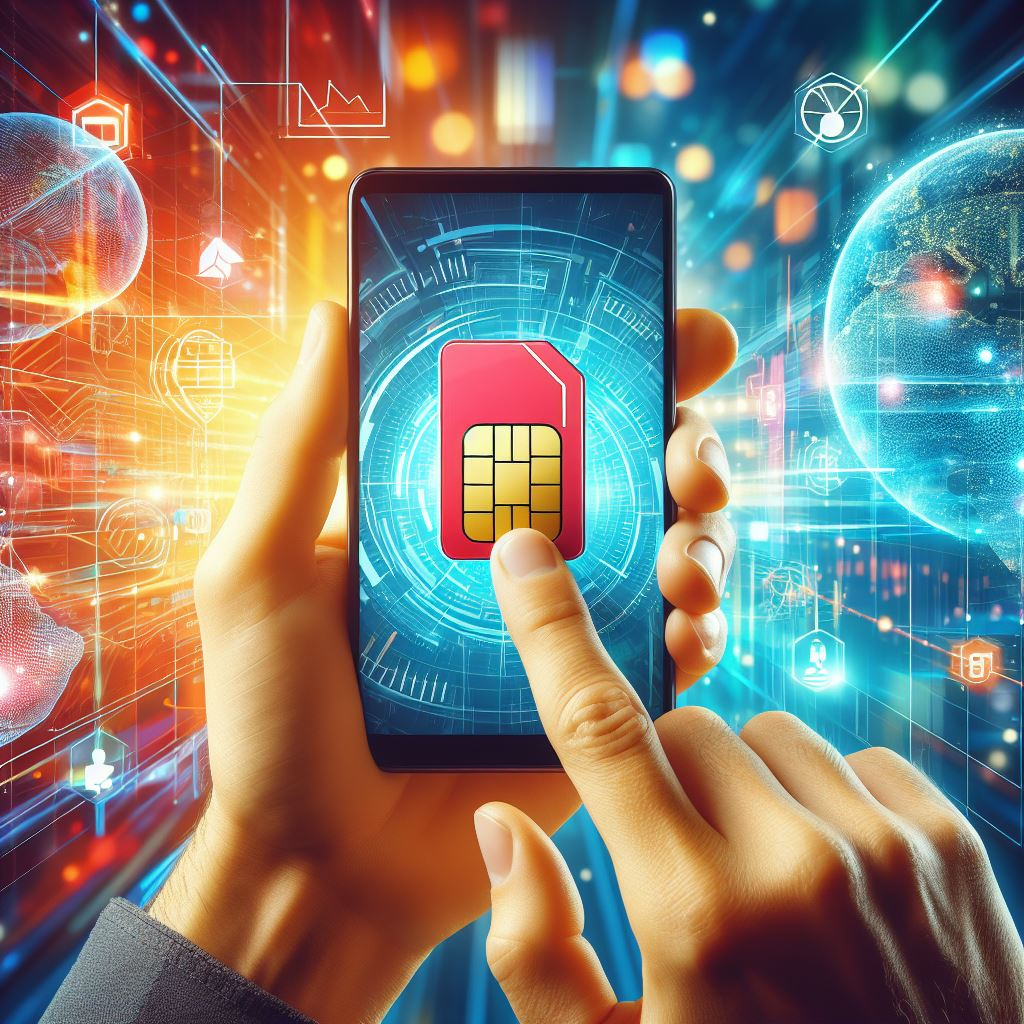 Hand holding a SIM card with a mobile internet pass icon on a smartphone screen