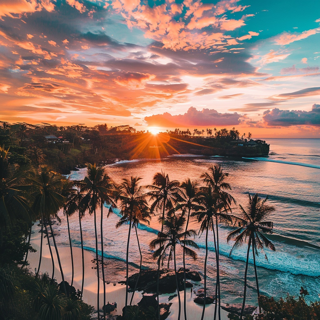 Sunset over palm-fringed beaches in Bali, Indonesia, offering a serene backdrop for remote work and relaxation for digital nomads