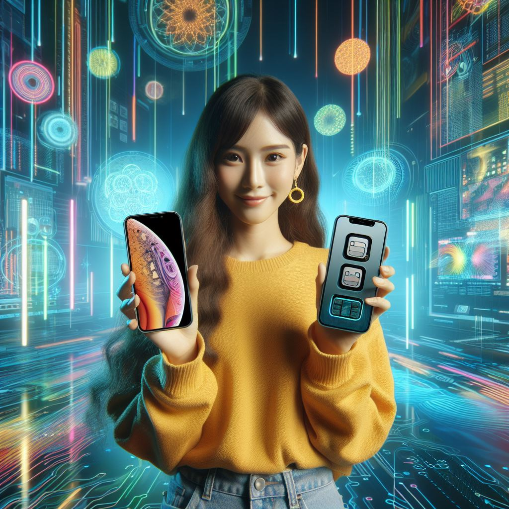 A person holding a smartphone with an eSIM and another smartphone with dual SIM slots